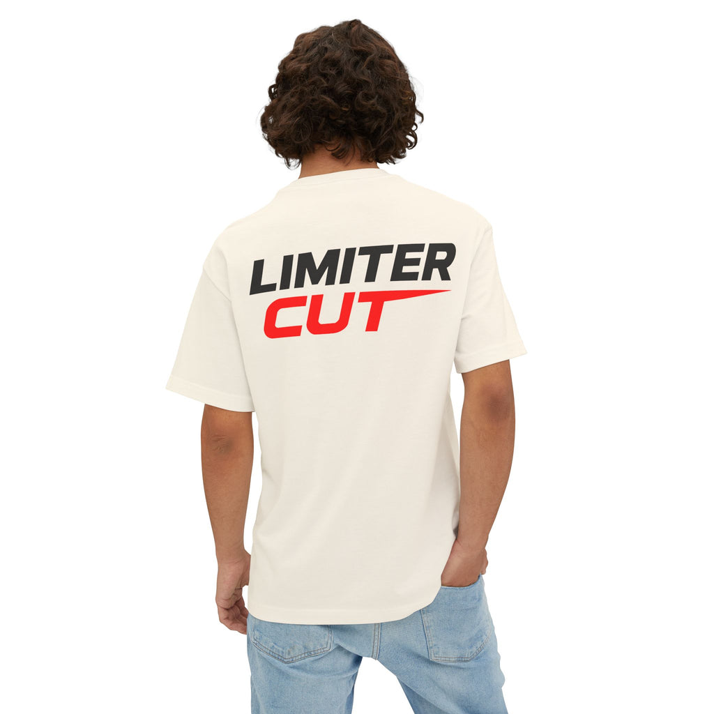 Person wearing a Beige t-shirt with 'Limiter Cut' logo on the back, standing against a white background
