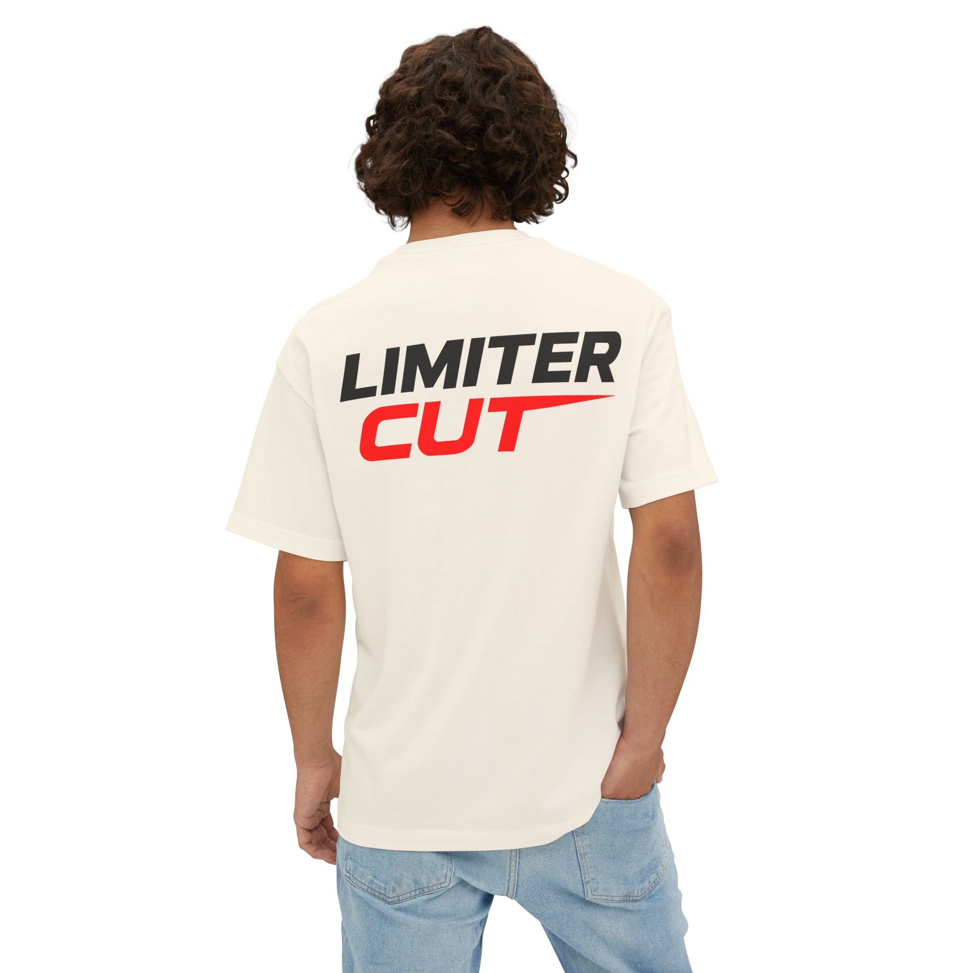 Person wearing a Beige t-shirt with 'Limiter Cut' logo on the back, standing against a white background