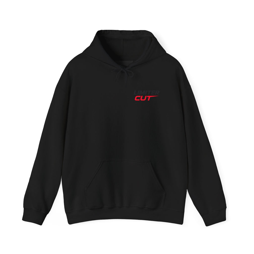 The front of a black hoodie with red and black limiter cut logo 