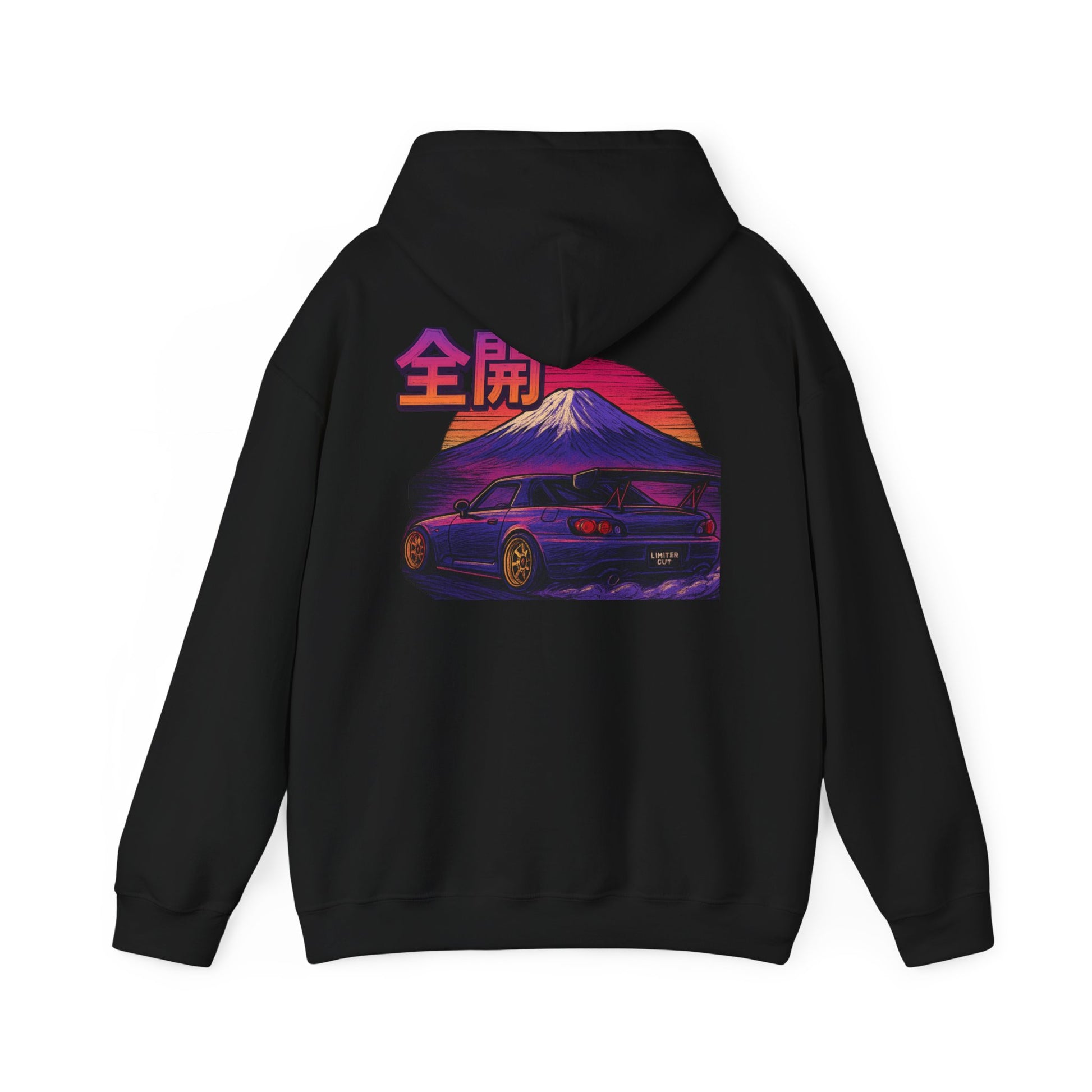 Back of a black hoodie with a colorful retro graphic of a Honda S2000 and mountain in front of the rising sun with Japanese lettering which translates to full throttle