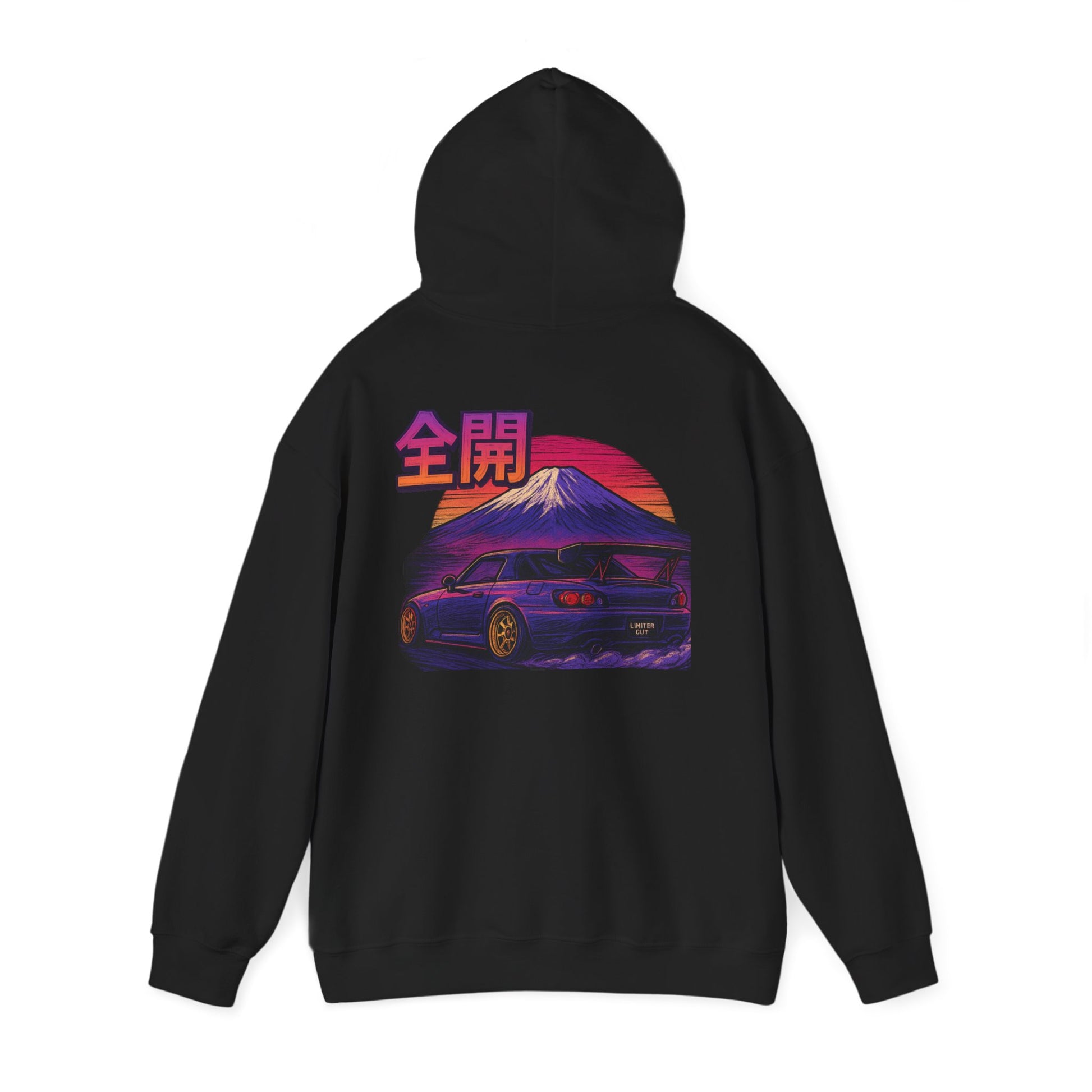 Back of a black hoodie with a colorful retro graphic of a Honda S2000 and mountain in front of the rising sun with Japanese lettering which translates to full throttle