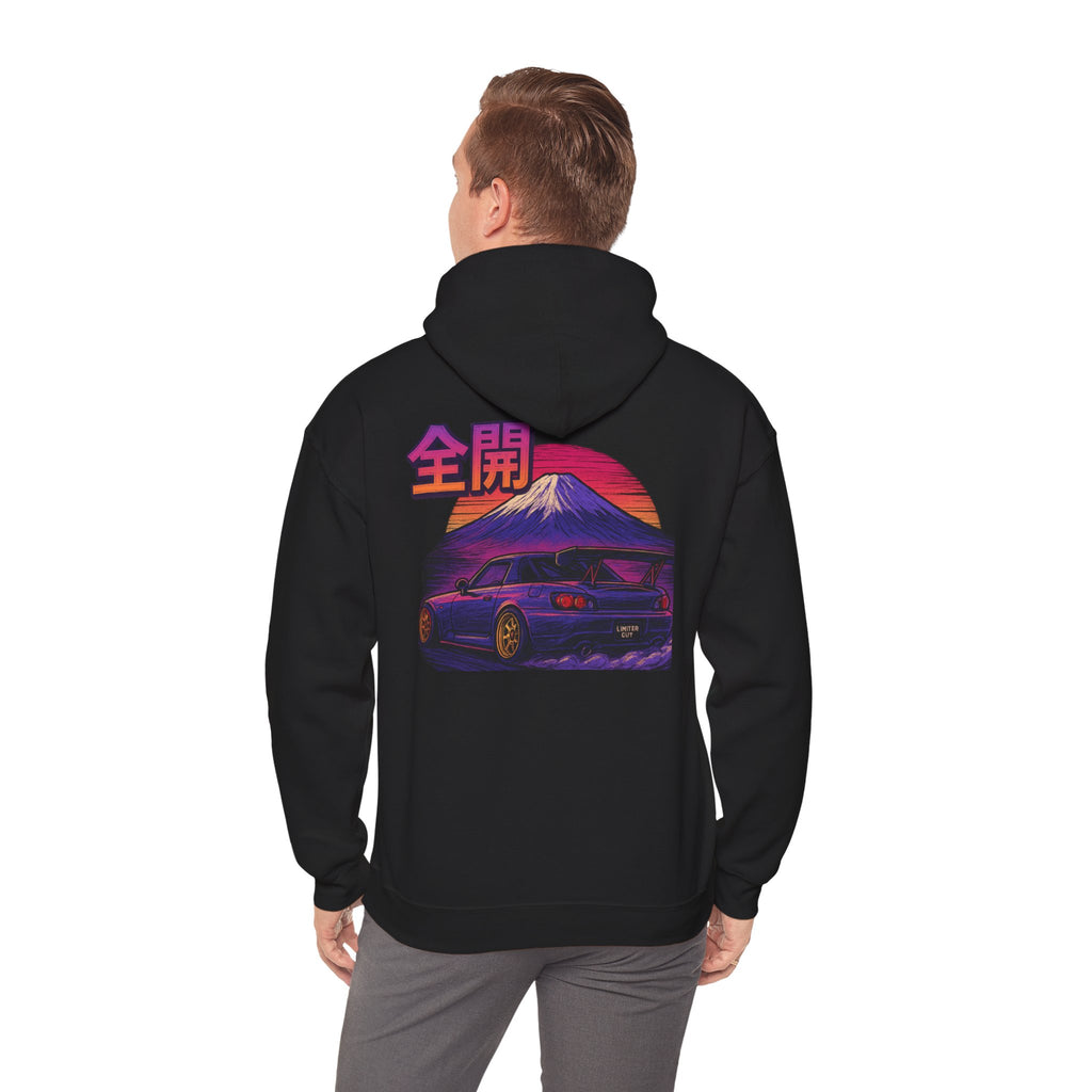 Back of a black hoodie with a colorful retro graphic of a Honda S2000 and mountain in front of the rising sun with Japanese lettering which translates to full throttle being worn by a model