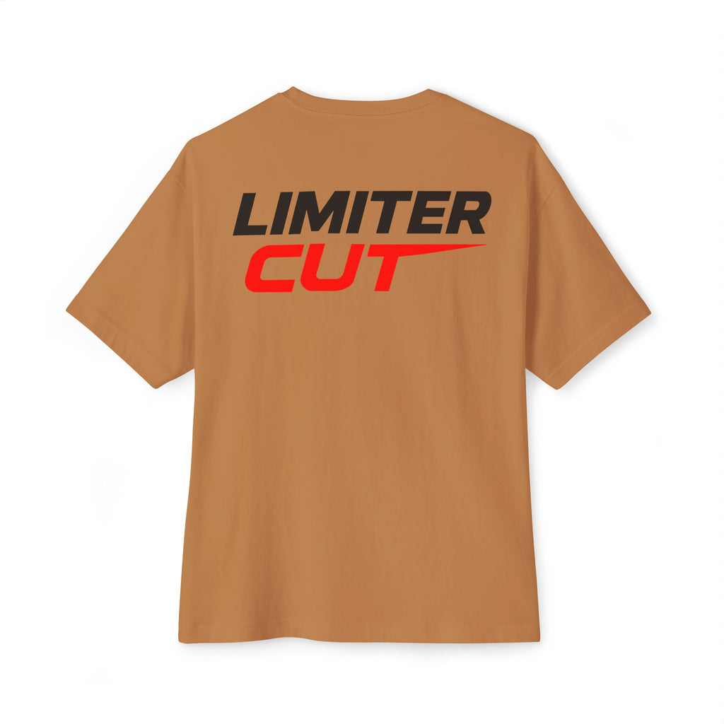 Brown t-shirt with 'Limiter Cut' text on the back against a white background
