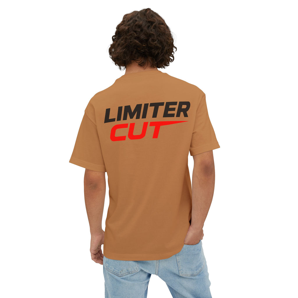 Person wearing a brown t-shirt with 'Limiter Cut' text on the back against a white background