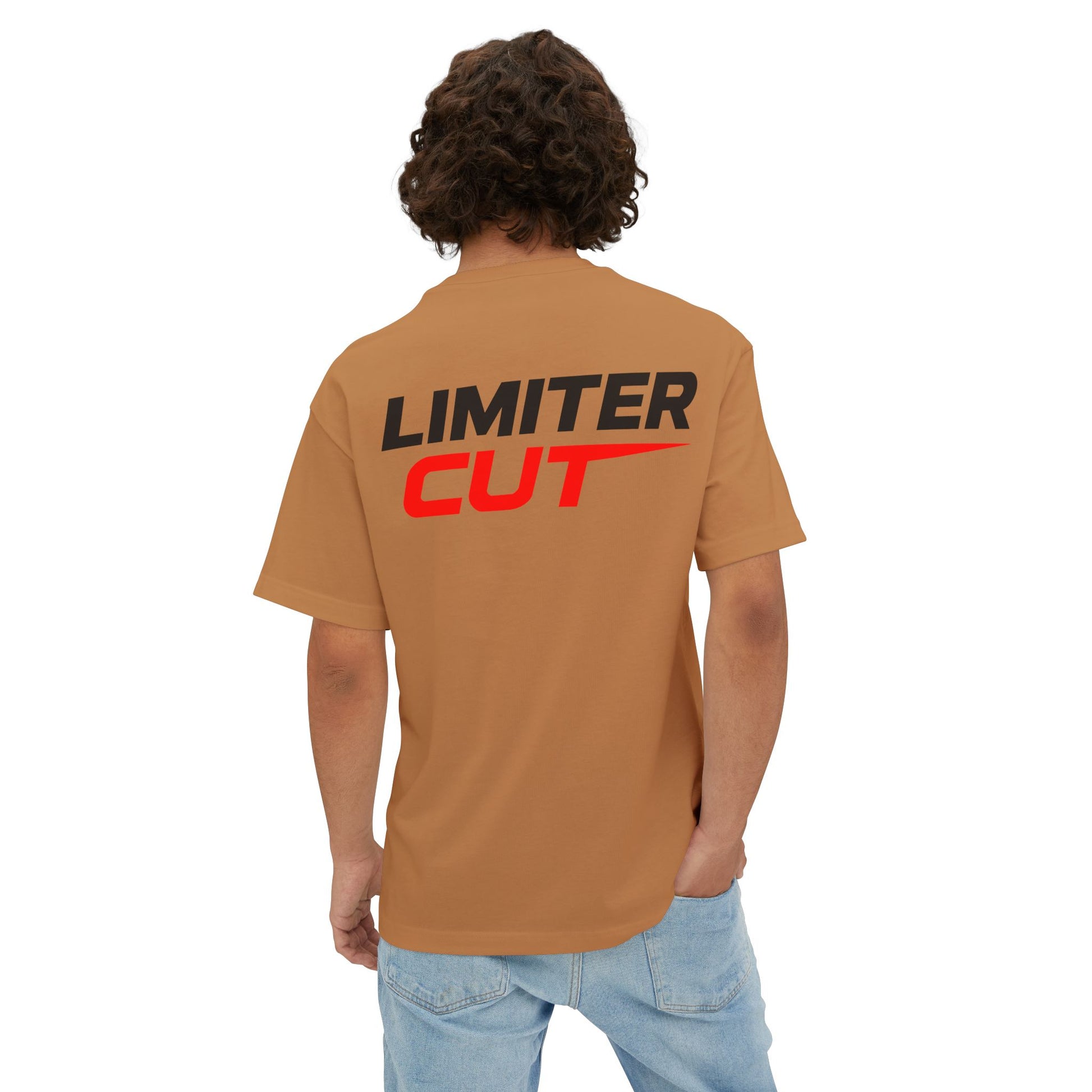 Person wearing a brown t-shirt with 'Limiter Cut' text on the back against a white background