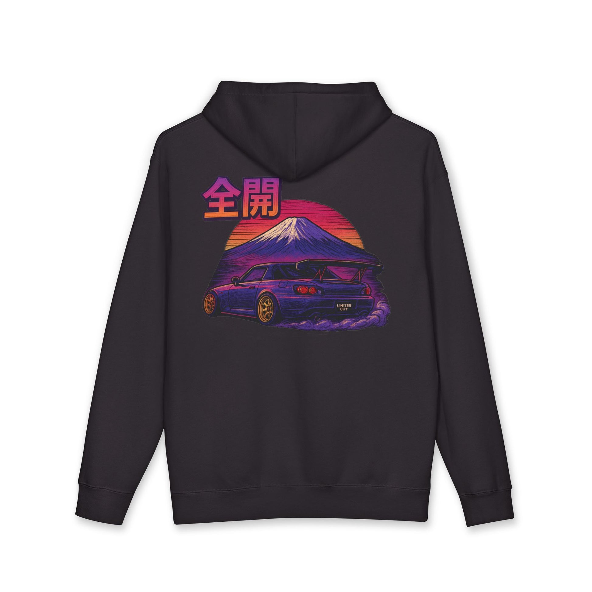 Black hoodie with a colorful graphic of a Honda S2K and Mount Fuji with Japanese lettering