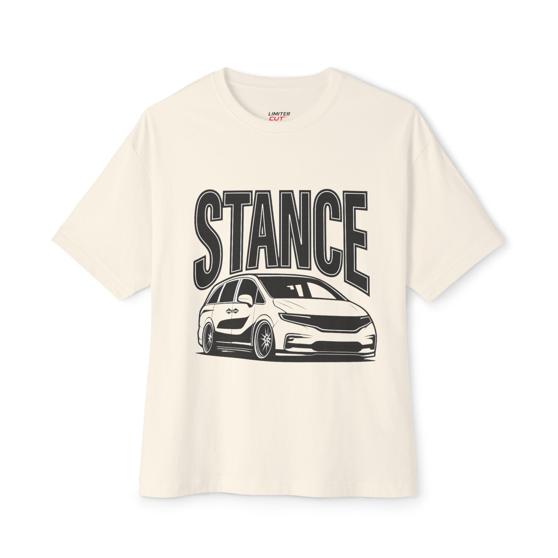 Beige t-shirt with 'STANCE' graphic design and a slammed Honda Odyssey on a white background
