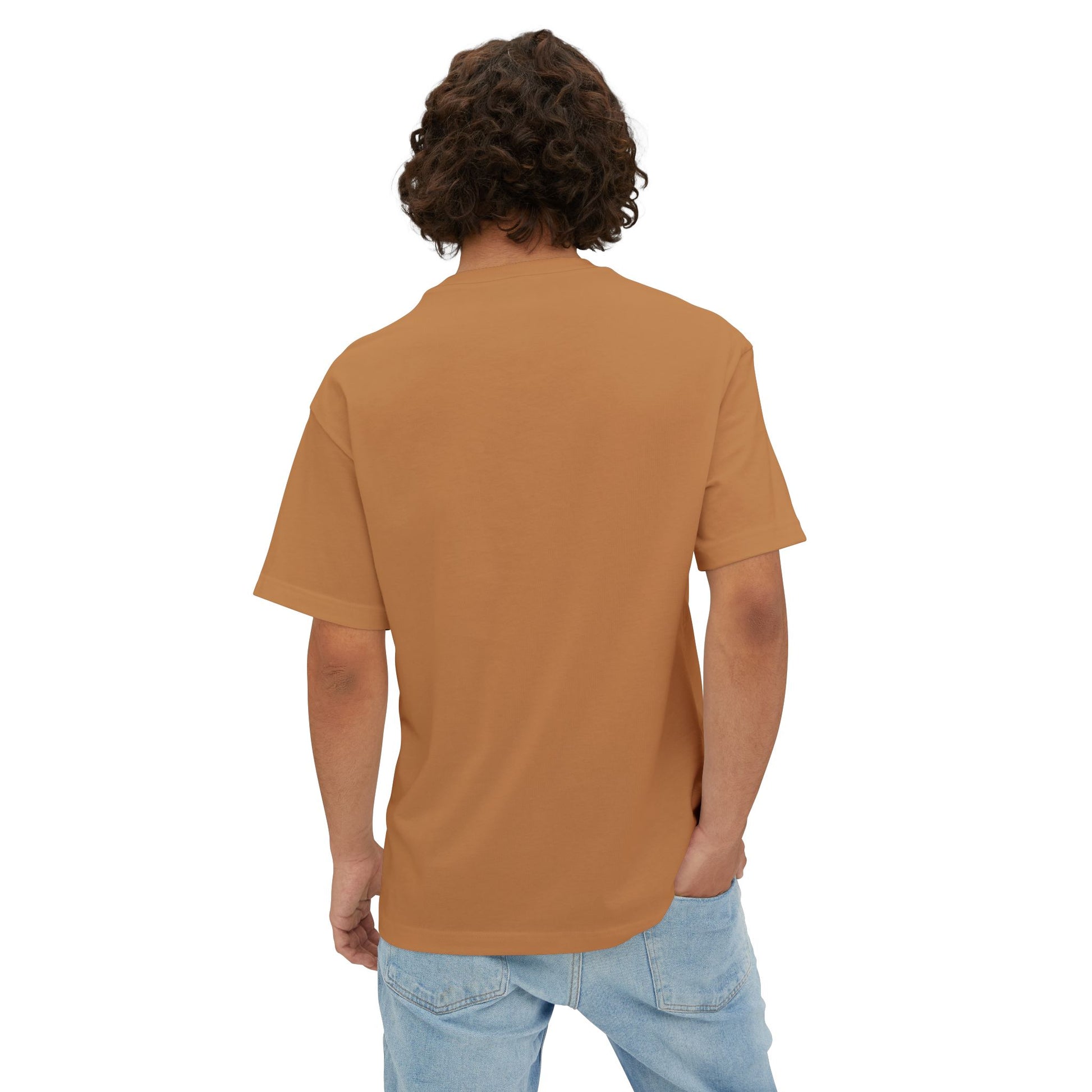 Person wearing a brown t-shirt and blue jeans on a white background