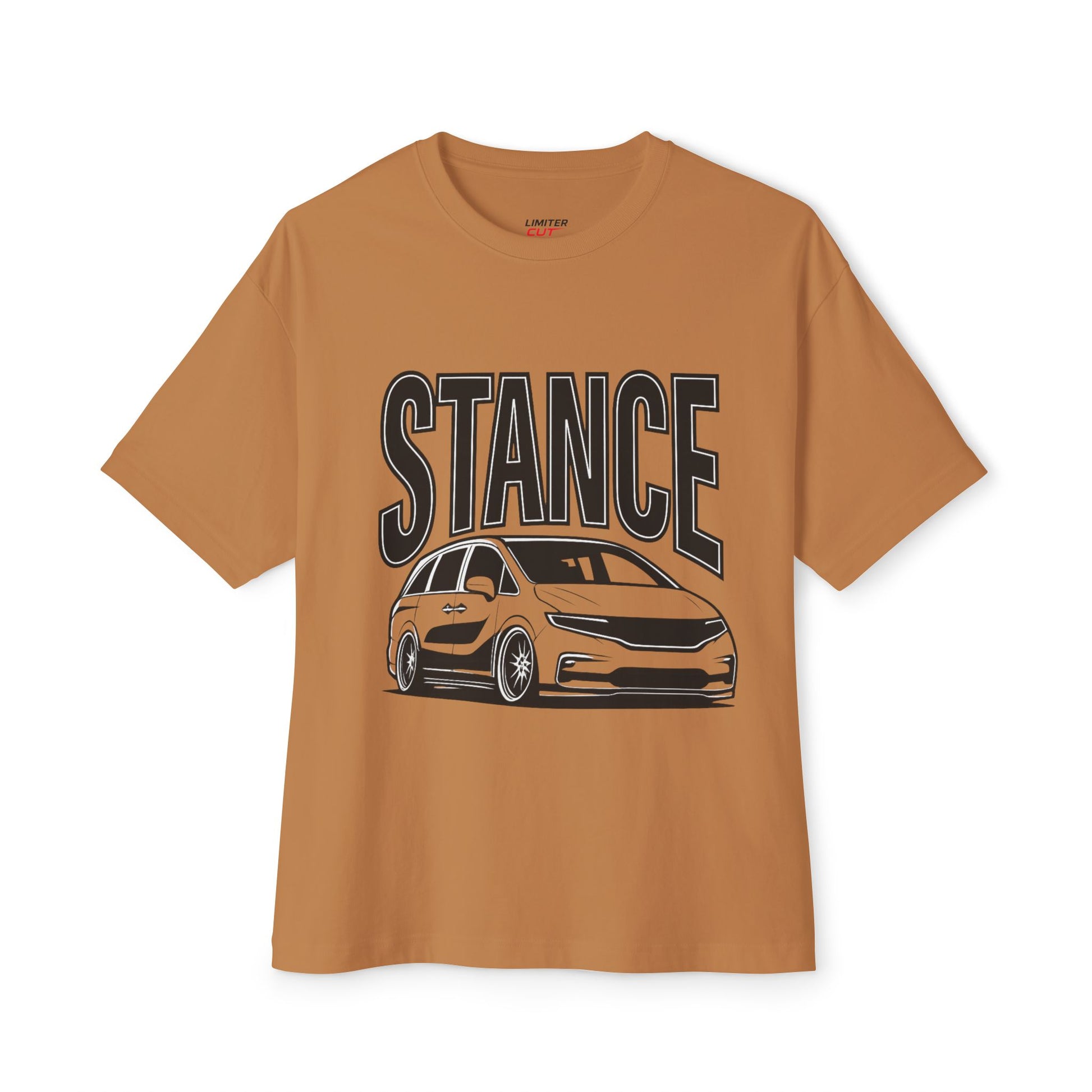 Brown t-shirt with 'STANCE' graphic design and a slammed Honda Odyssey on a white background