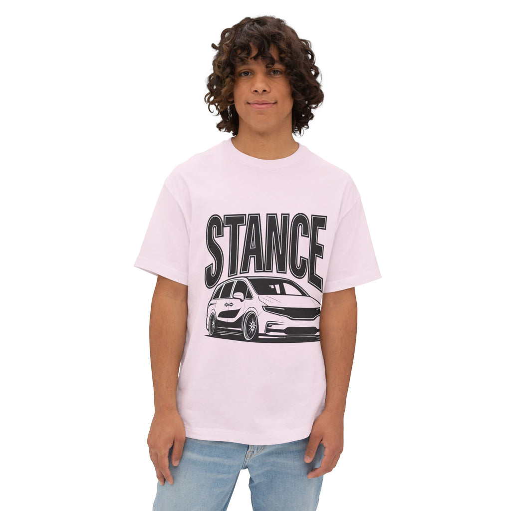 Person wearing a white 'STANCE' t-shirt with a slammed Honda Odyssey graphic on a white background