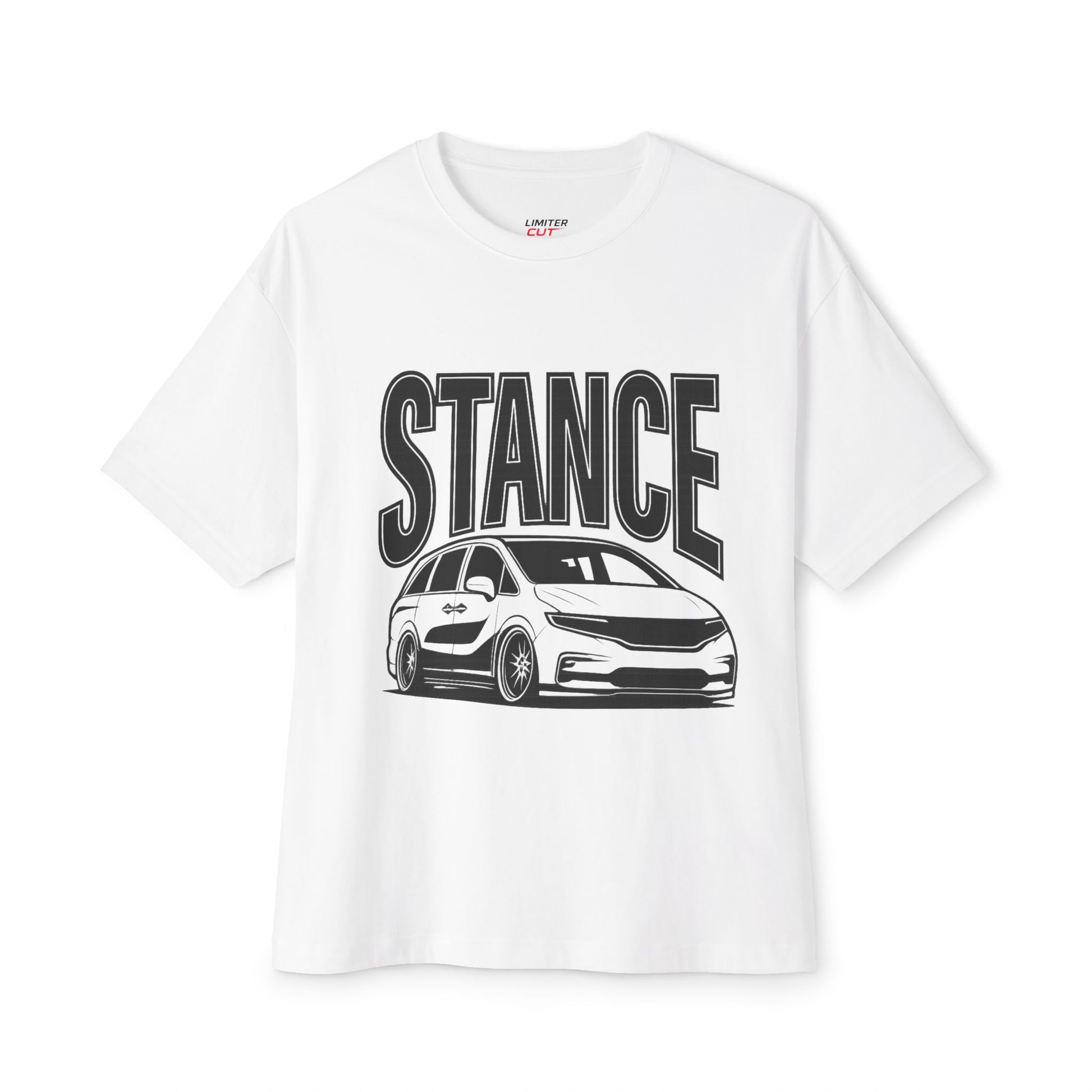 White t-shirt with 'STANCE' graphic design and a slammed Honda Odyssey on a white background
