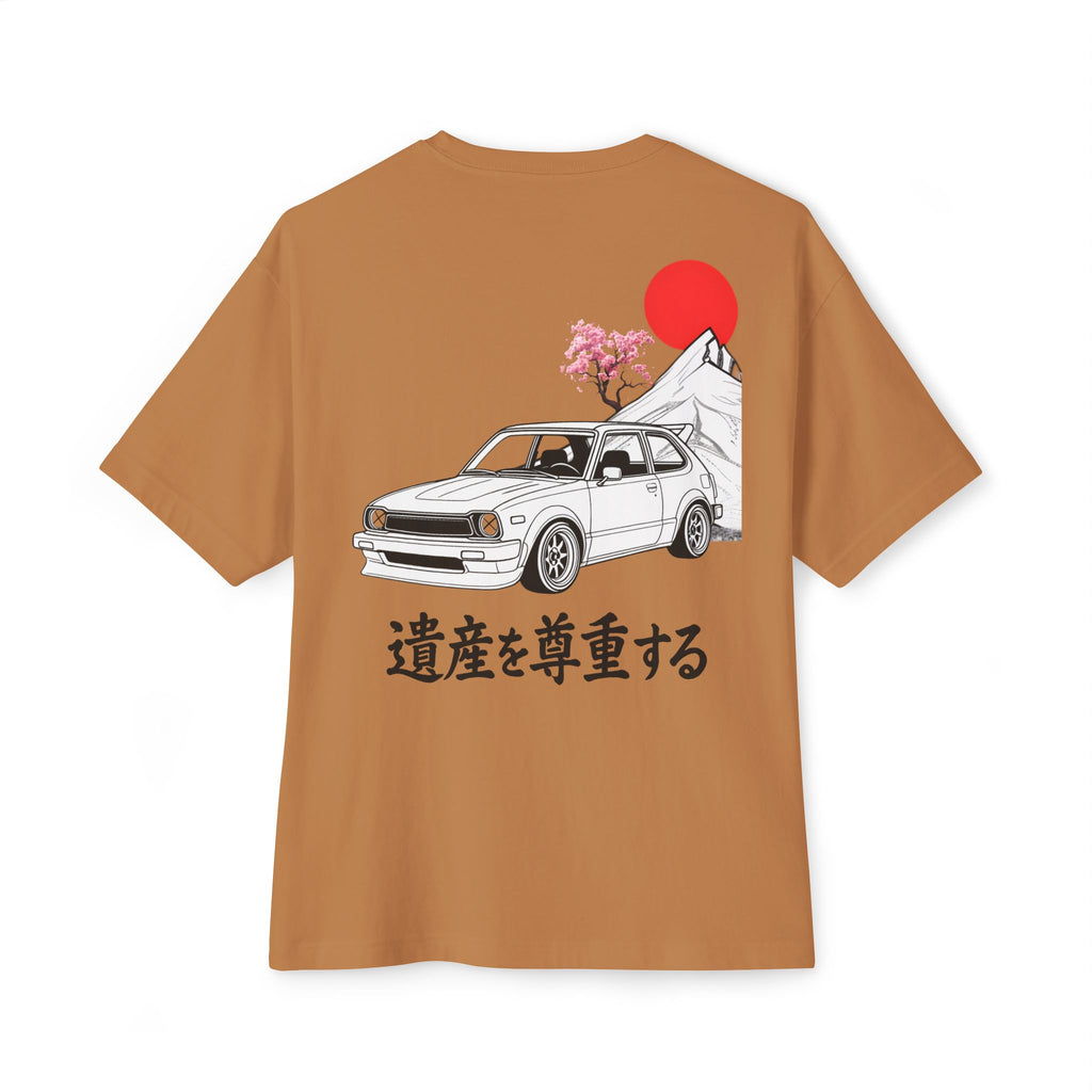 Brown t-shirt with a graphic of a Honda Civic, cherry blossom tree, and rising sun on the back