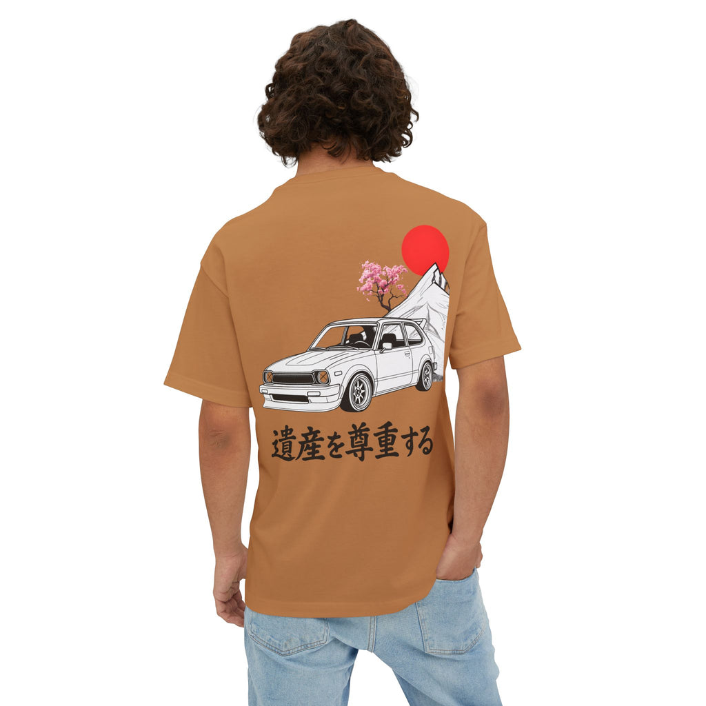 Person wearing a brown t-shirt with a Honda Civic on the back