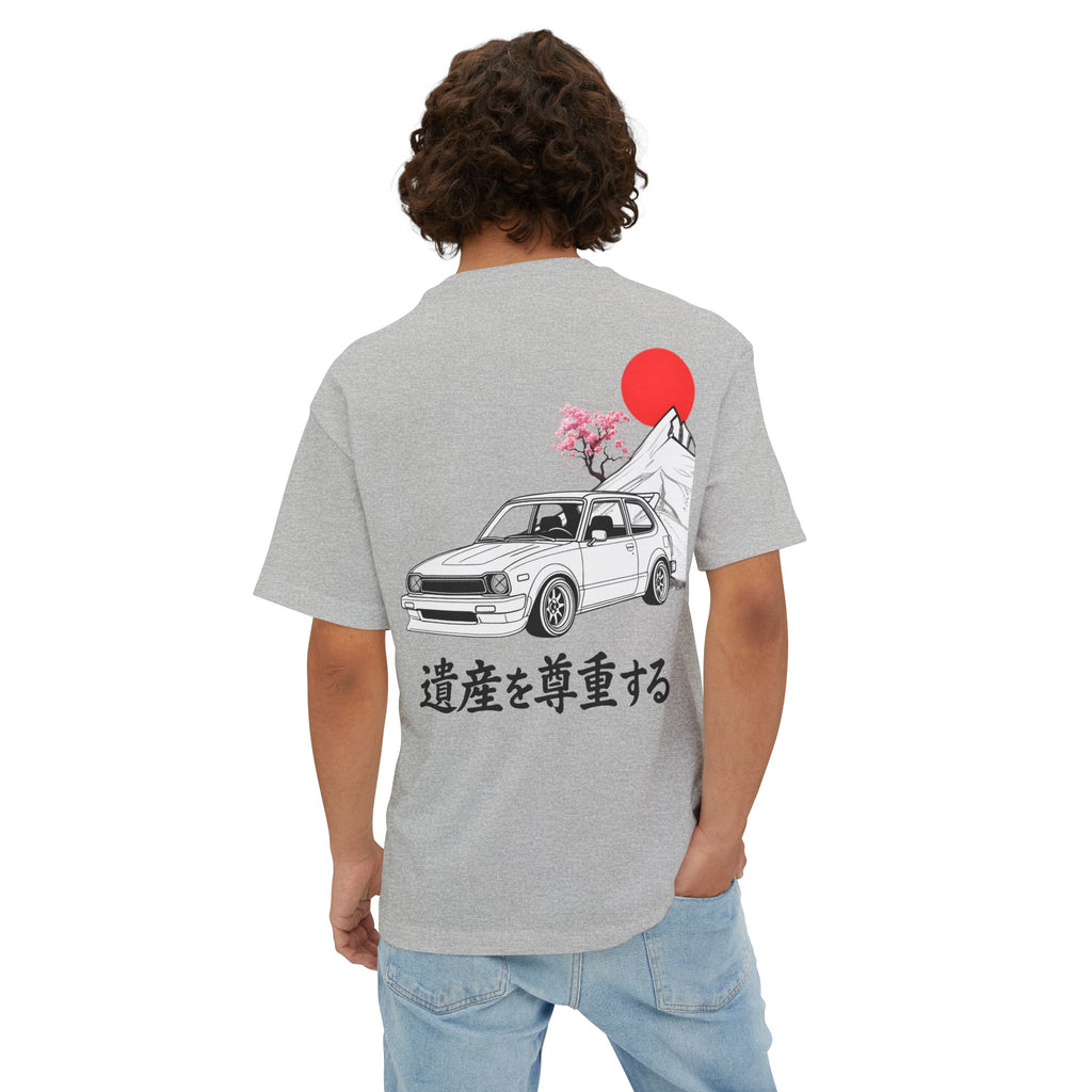 Person wearing a gray t-shirt with a Honda Civic and Mount Fuji on the back, on a white background