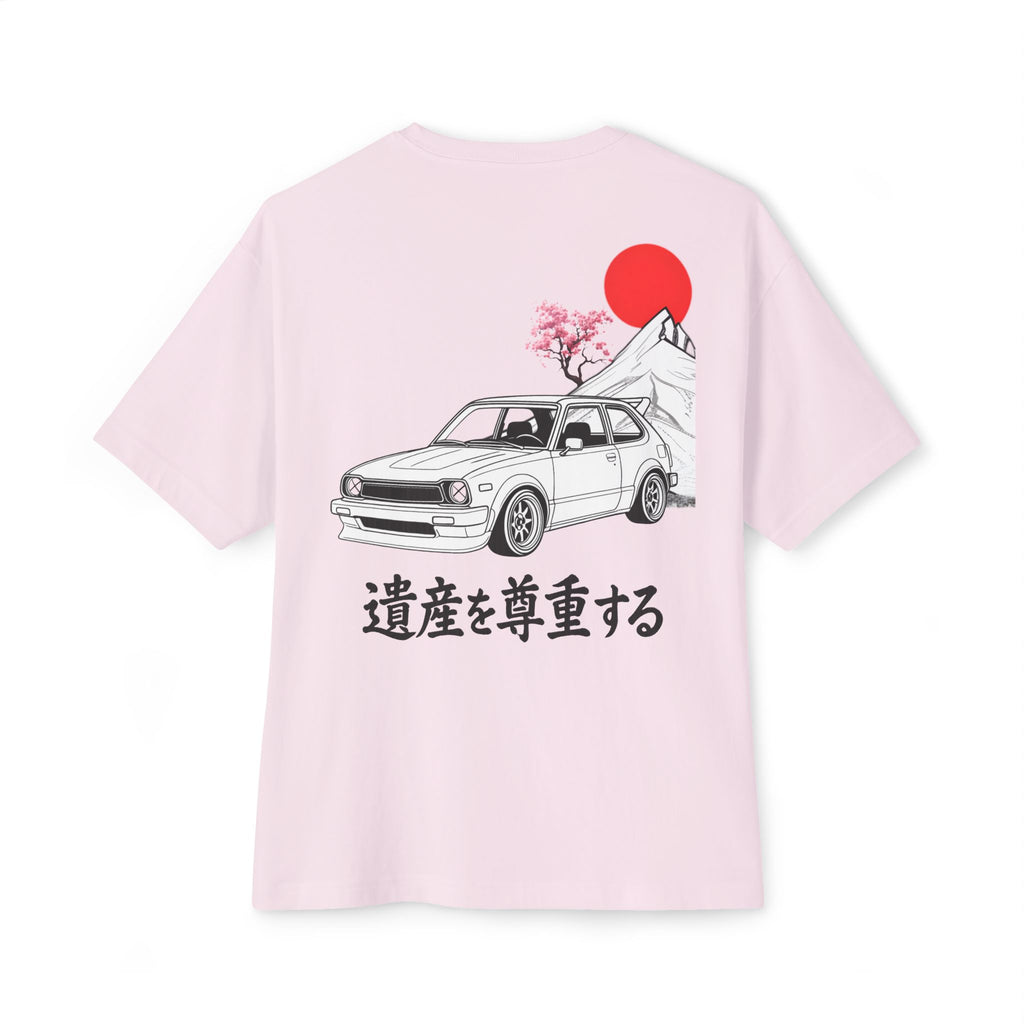 Pink t-shirt with a Honda Civic graphic and Japanese text on a white background