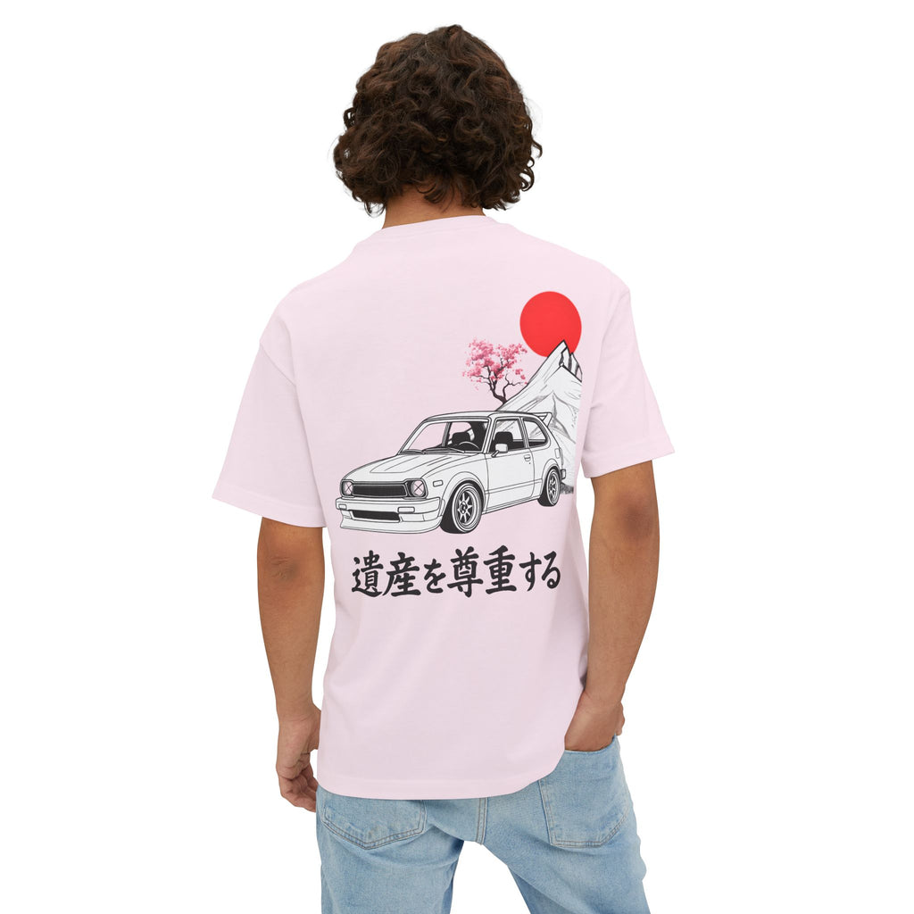 Person wearing a light pink t-shirt with a Honda Civic graphic and Japanese text on the back, standing against a white background.