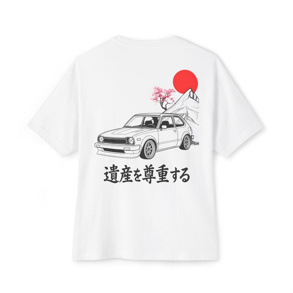 White t-shirt with a Honda Civic graphic and Japanese text on a white background