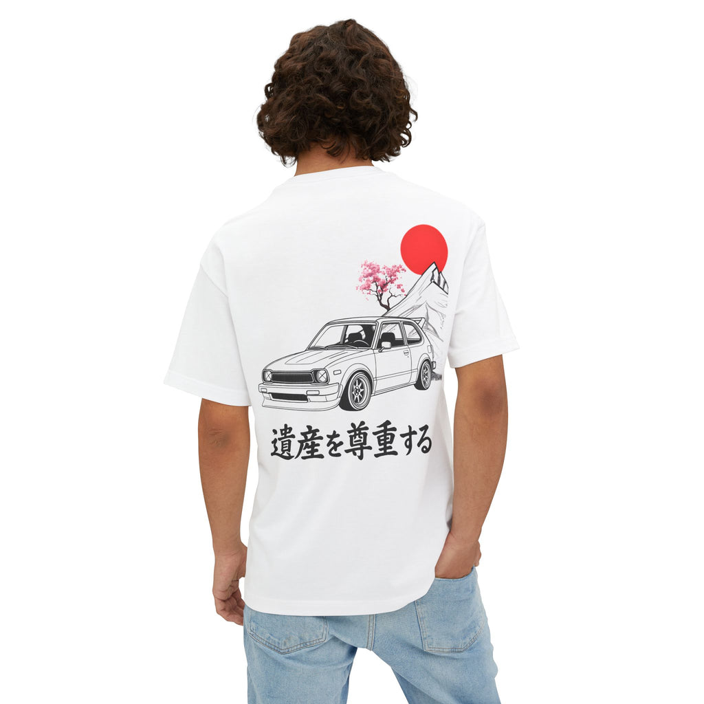 Person wearing a white t-shirt with a Honda Civic design on the back, featuring Mount Fuji and Japanese text.