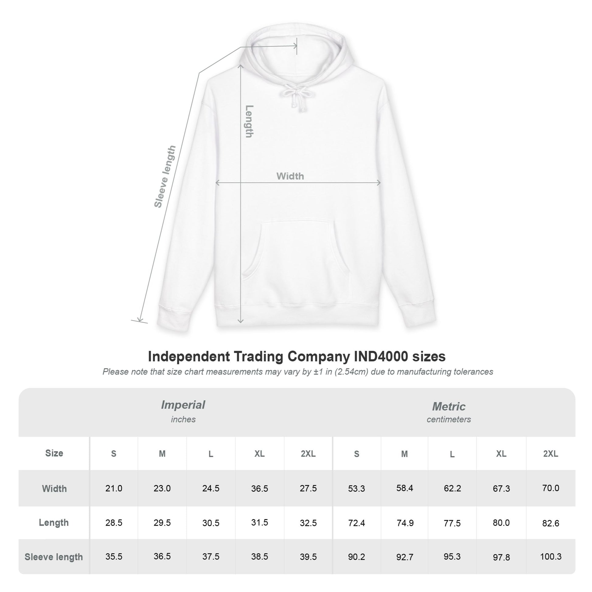 Hoodie with size chart measurements on a white background