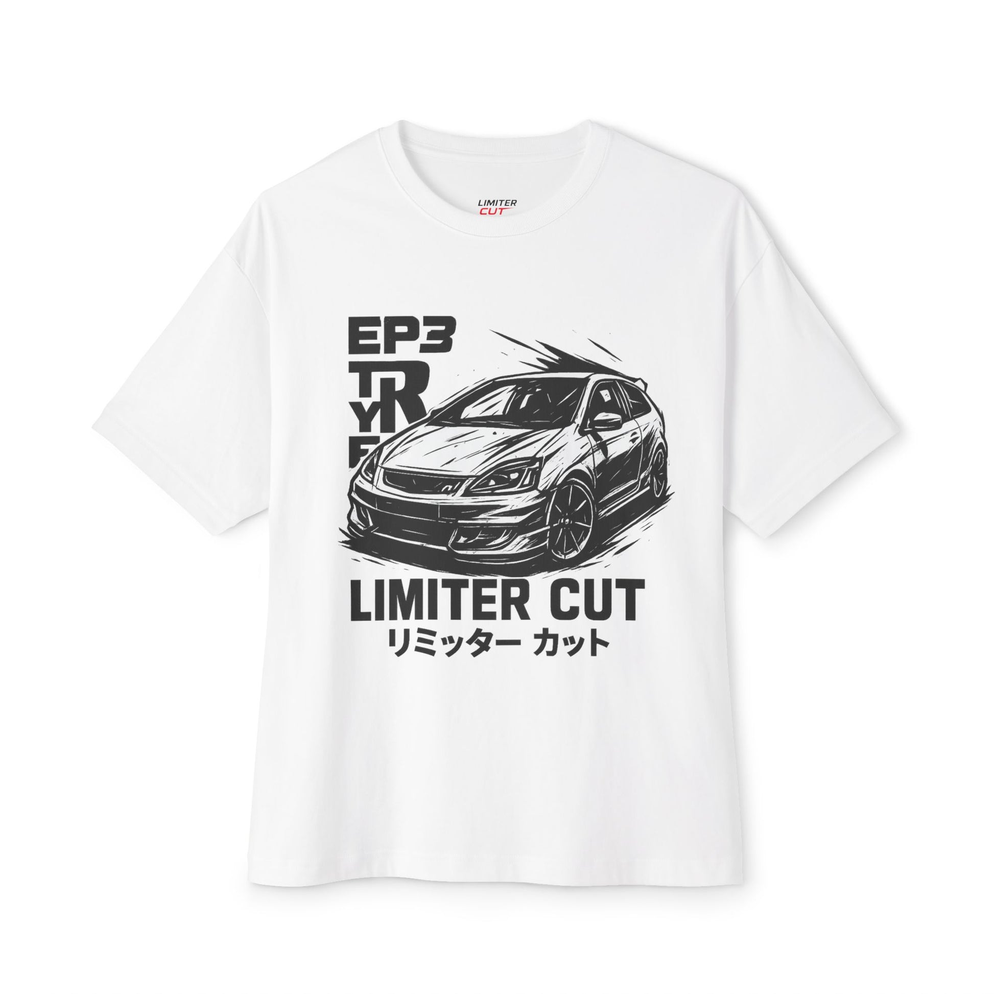 White t-shirt with a Honda Civic EP3 Type R graphic and text(English and Japanese)