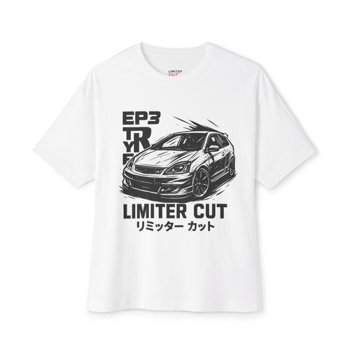 White t-shirt with a Honda Civic EP3 Type R graphic and text(English and Japanese)