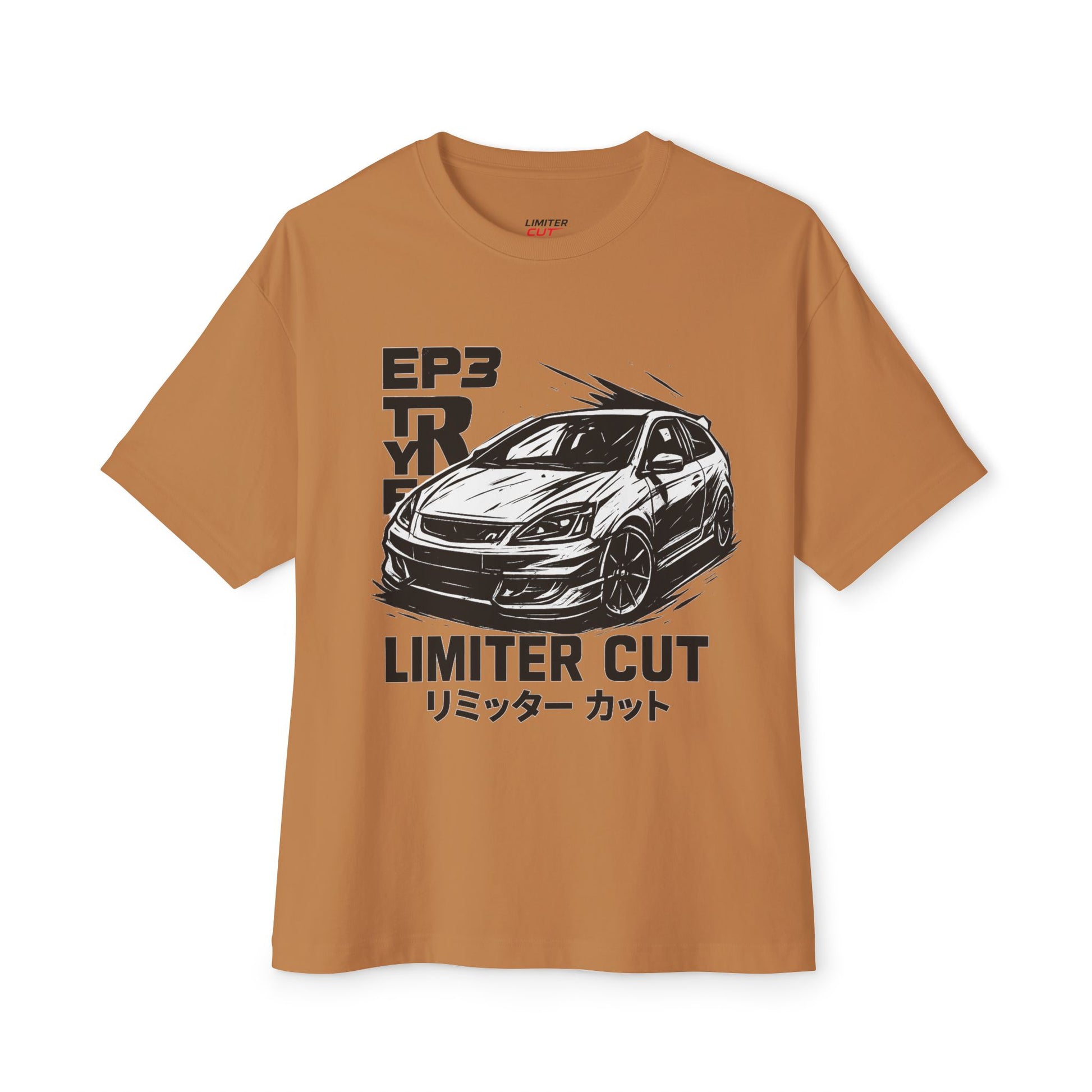 Brown t-shirt with Honda Civic EP3 Type R graphic and text(English and Japanese)