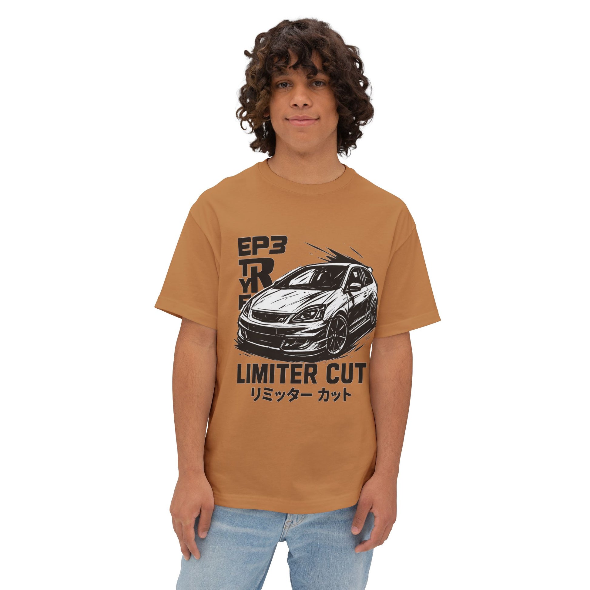 Person wearing a light brown t-shirt with a graphic design of a Honda Civic EP3 Type R and bold text (English and Japanese)