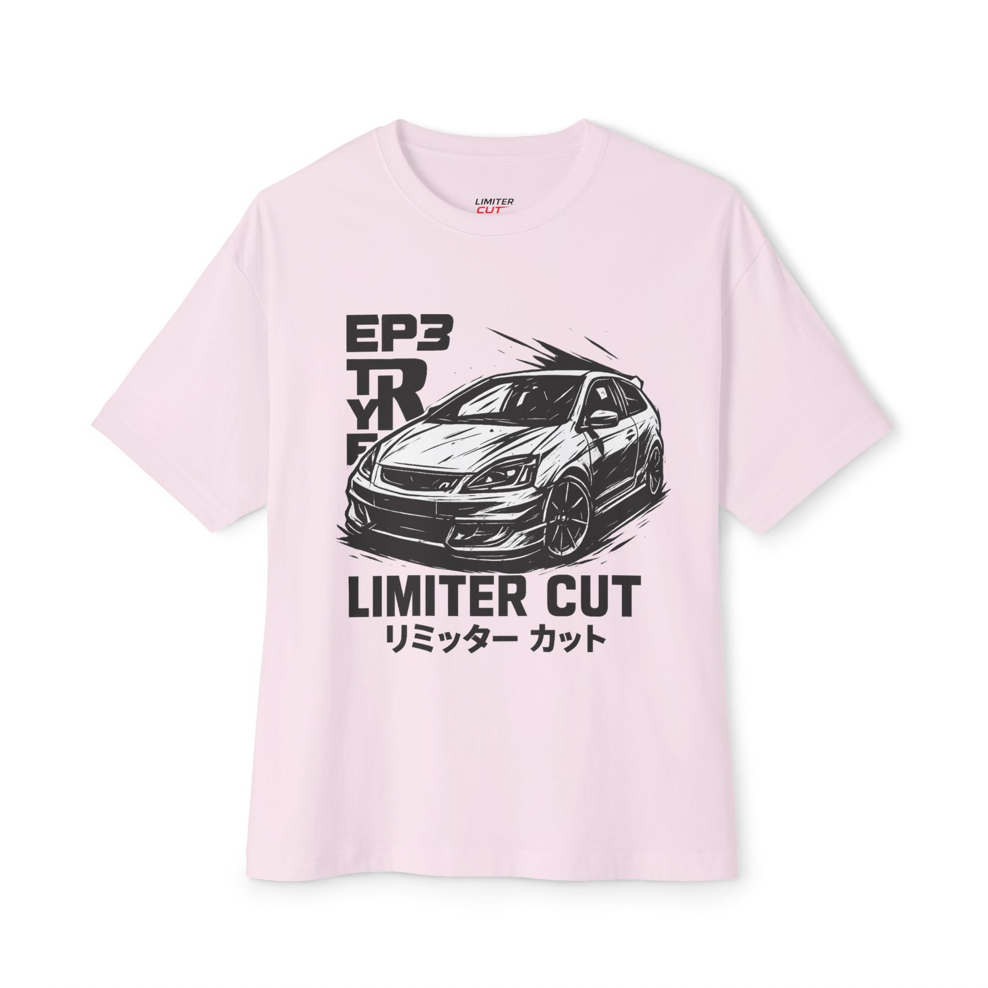 Pink t-shirt with Honda Civic EP3 Type R graphic and text(English and Japanese)