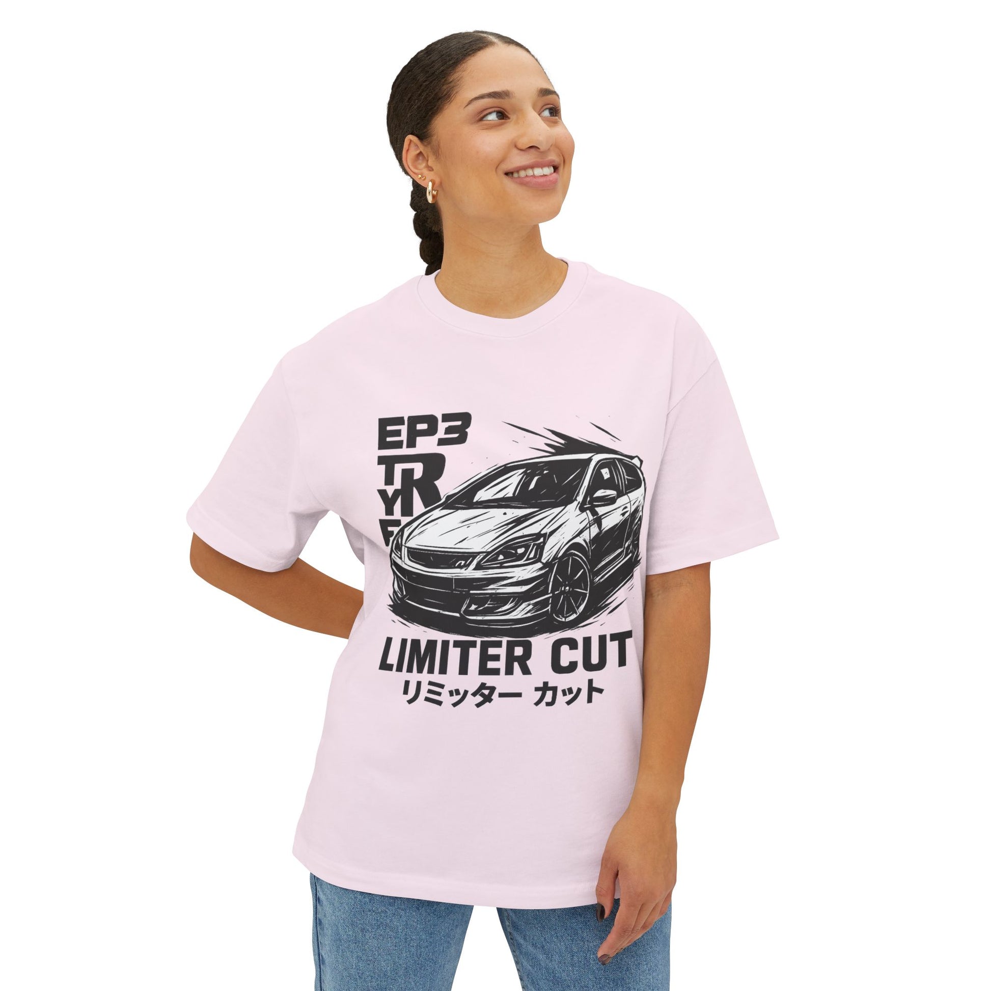 Person wearing a pink t-shirt with a Honda Civic EP3 Type R graphic and text(English and Japanese)