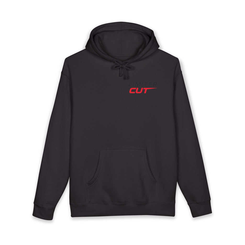 Black hoodie with Limiter Cut logo on a white background