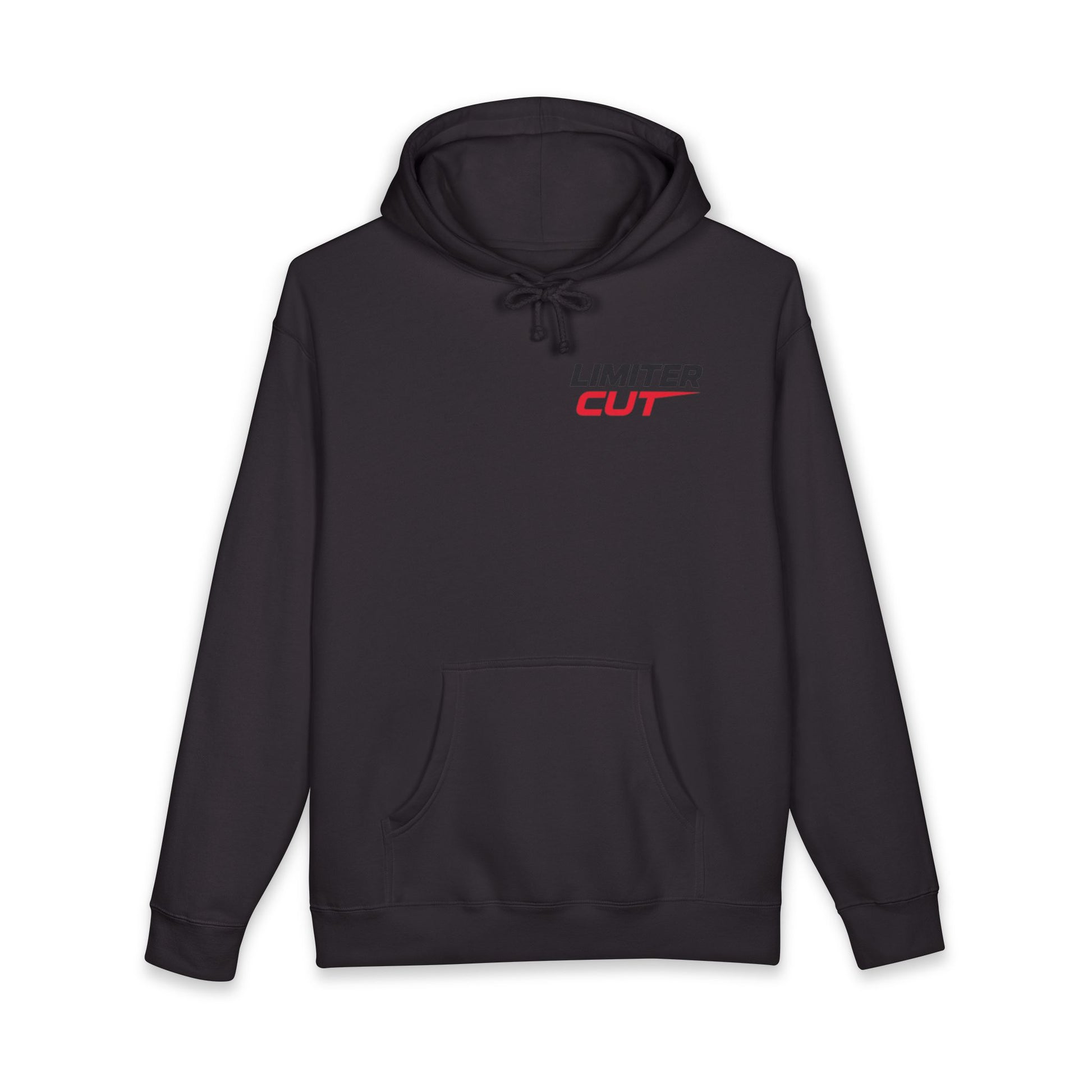 Black hoodie with Limiter Cut logo on a white background