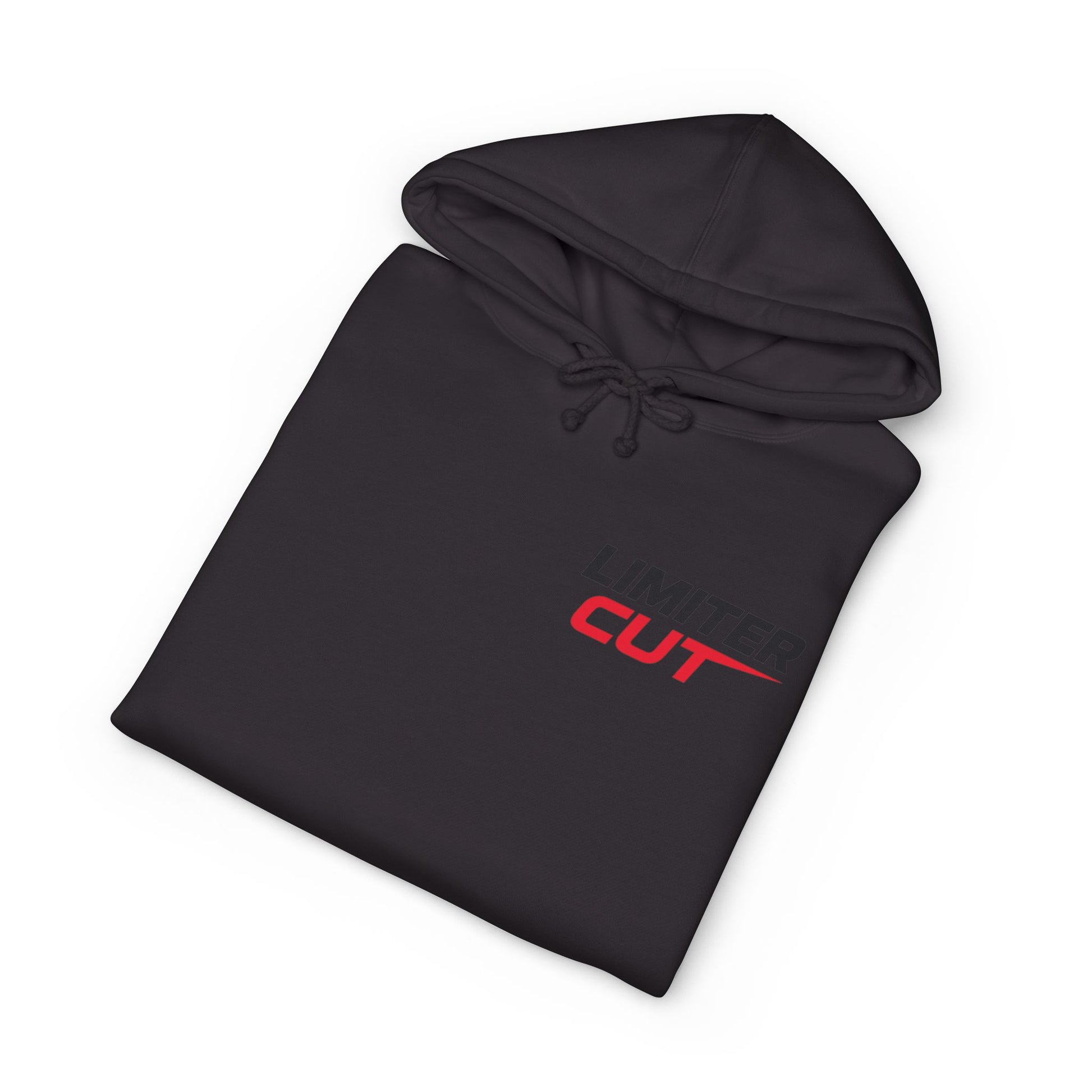 Folded up black hoodie with Limiter Cut logo on a white background