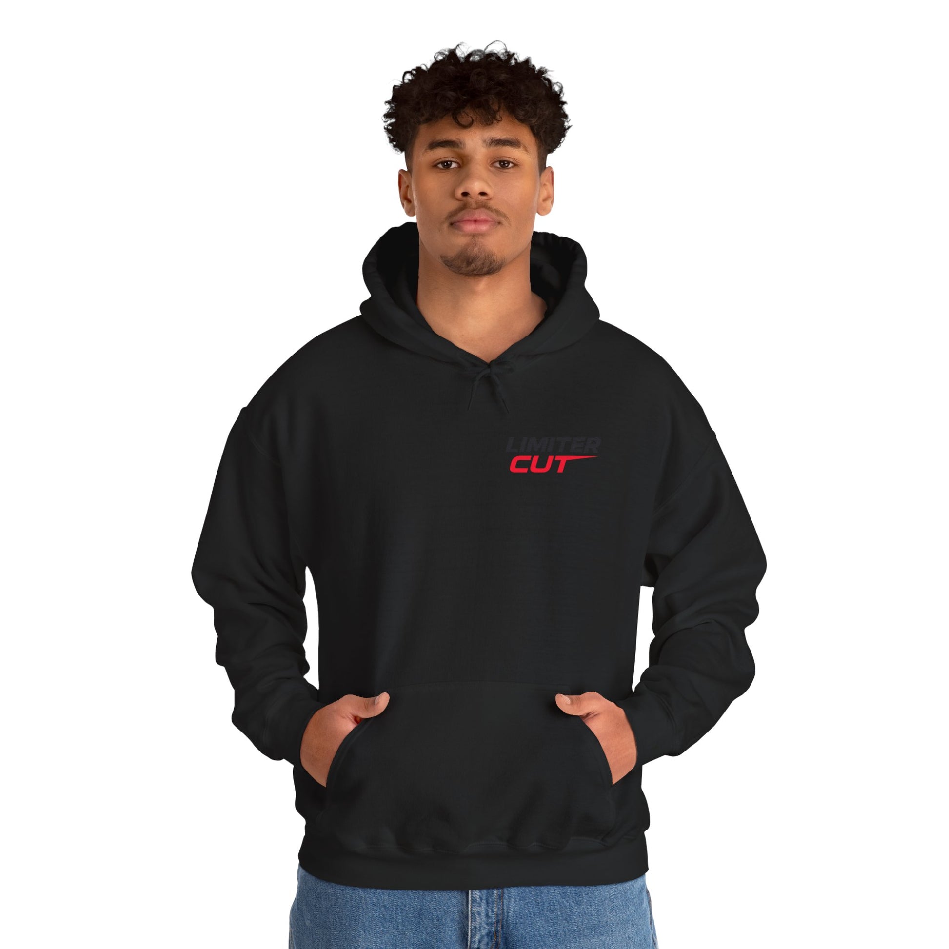 The front of a black hoodie with red and black limiter cut logo being worn by a model