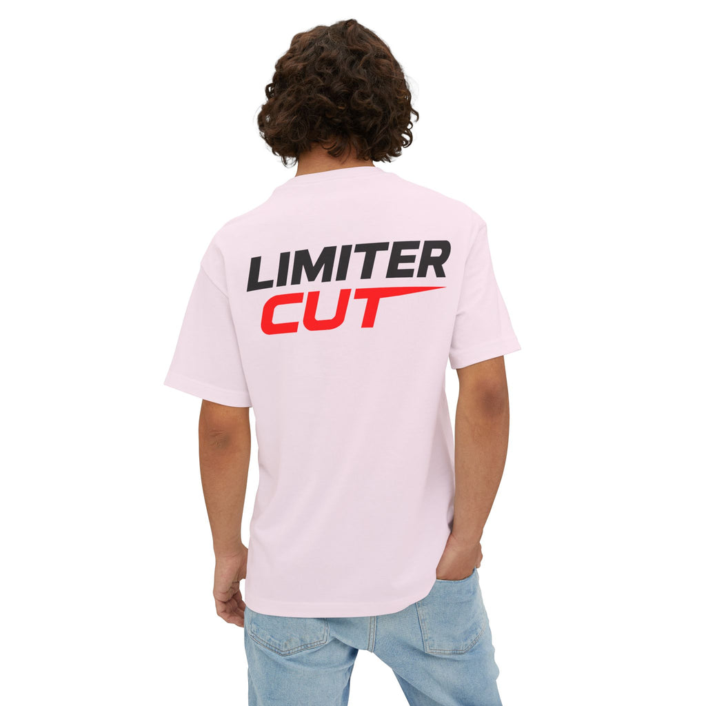 Person wearing a light pink t-shirt with 'Limiter Cut' text on the back, standing against a white background.