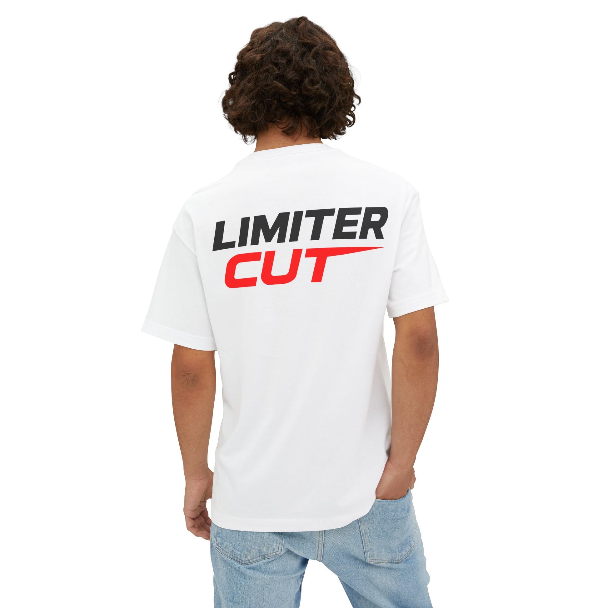 Person wearing a white t-shirt with 'Limiter Cut' text on the back, standing against a white background