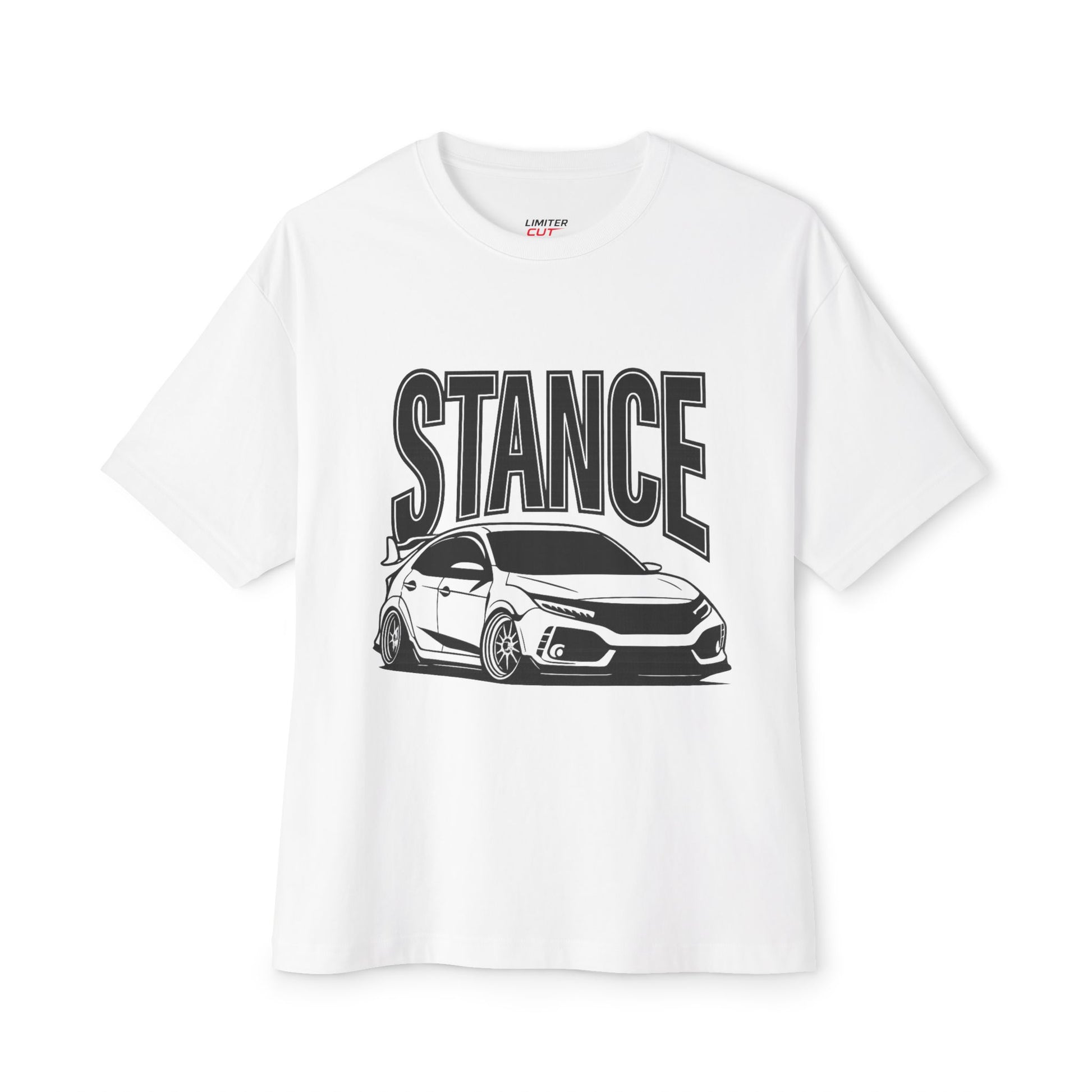 White t-shirt with 'STANCE' graphic and civic type R illustration on a white background