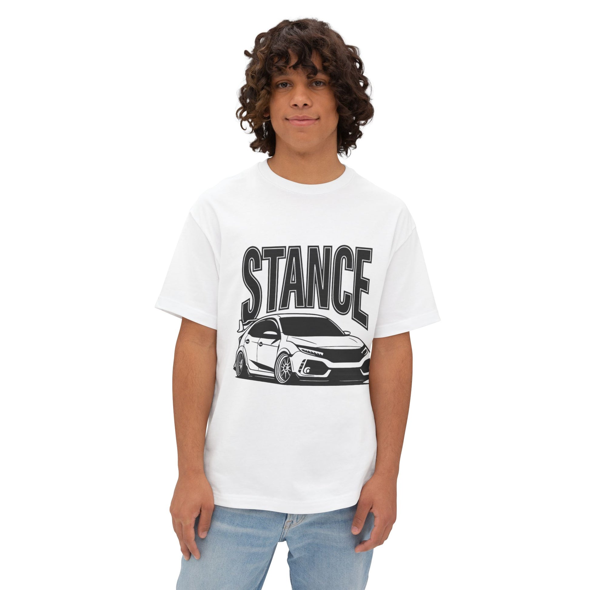 Person wearing a white t-shirt with 'STANCE' and a Civic Type R graphic on a white background